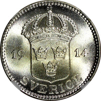 SWEDEN Gustaf V Silver 1914 W 25 Ore NGC MS65 GEM BU  KM# 785 (009)