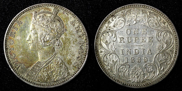 India-British Victoria Silver 1889 B incuse Rupee XF .Nice Toned KM# 492 (559)