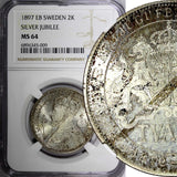 SWEDEN Silver Jubilee Oscar II 1897 EB 2 Kronor NGC MS64 Nice Toned KM# 762 (09)