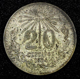 MEXICO Silver 1934 Mo  20 Centavos  Toned KM# 438 (27 052)