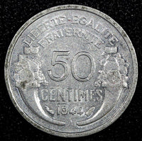 France Aluminum 1944 50 Centimes WWII Issue  KM# 894.1a  (24 972)