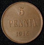 Finland under Russia Nicholas II Copper 1916 5 Pennia KM# 15 (28 719)