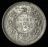 India-British George VI Silver 1945 (L)  1/2 Rupee UNC Toned  KM# 552 (28 828)