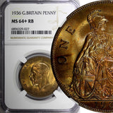 GREAT BRITAIN George V Bronze 1936 1 Penny NGC MS64+RB NICE TONING KM# 838 (027)