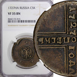 RUSSIA Catherine I Copper 1727 HD 5 Kopecks Moscow NGC VF35 BN SCARCE KM# 170(5)