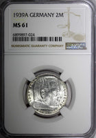 Germany-Third Reich Silver 1939 A 2 Reichs Mark NGC MS61 Hindenburg KM# 93 (024)