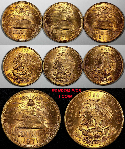 MEXICO  Bronze 1971 Mo 20 Centavos  RED GEM BU  KM# 440 RANDOM PICK (1 Coin) (9)