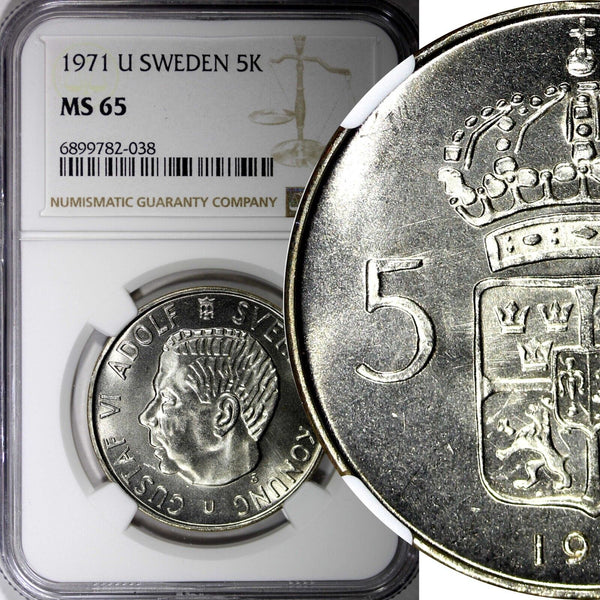 SWEDEN Gustaf VI Silver 1971 U 5 Kronor 34mm NGC MS65 Mintage-712.500 KM#829 (8)