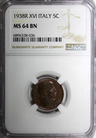 ITALY Vittorio Emanuele III Bronze 1938 XVI R 5 Centesimi NGC MS64 BN KM# 73 (6)