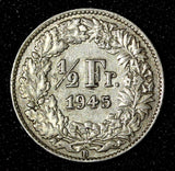 Switzerland Silver 1945 B 1/2 Franc  Helvetia KM# 23 (28 485)