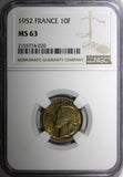 FRANCE 1952 10 Francs NGC MS63 Only One Graded Highest by NGC KM# 915.1 (20)