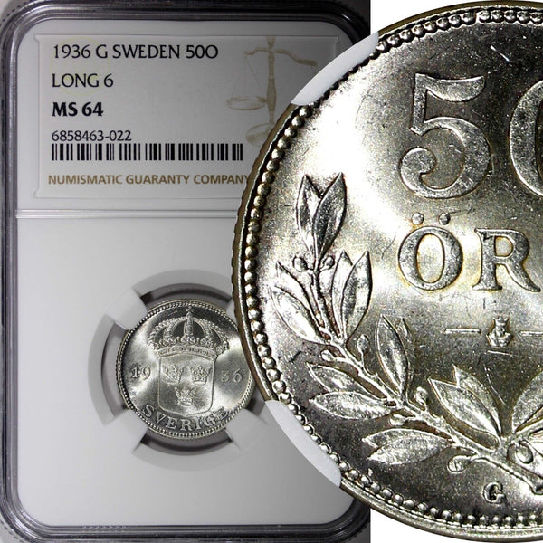 SWEDEN Gustaf V SILVER 1936 G 50 Ore Long "6" NGC MS64 1 GRADED HIGH  KM#788(2)