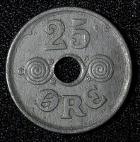 Denmark Christian X German Occupation Zinc 1945 25 Ore WWII Issue KM# 823.2a (3)