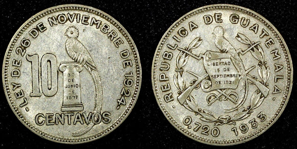 GUATEMALA Silver 1933 10 Centavos Royal British Mint KM# 239.2 (24 578)