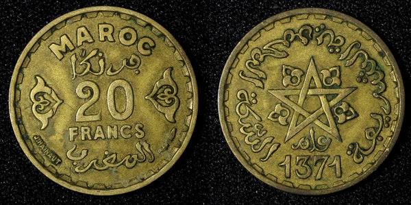 Morocco Mohammed V Aluminum-Bronze 1371 (1952) 20 Francs Y# 50 (27 625)