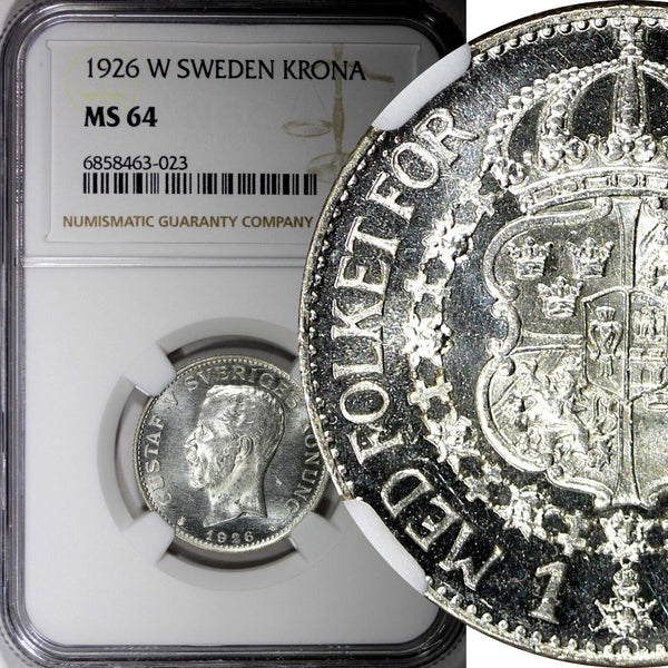 SWEDEN Gustaf V Silver 1926 W 1 Krona NGC MS64 ONLY 1 GRADED HIGHEST KM#786.2(3)