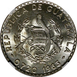 GUATEMALA Silver 1963 25 Centavos NGC MS63 GEM BU KM# 263 (026)