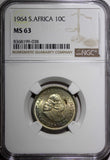 South Africa Silver 1964 10 Cents Jan van Riebeeck NGC MS63 Toned KM# 60 (038)