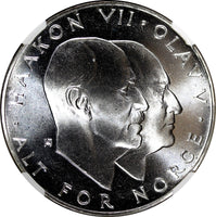Norway Olav V Silver 1970 25 Kroner NGC MS67 Anniversary of Liberation KM#414(1)