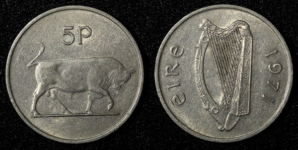 Ireland Republic Copper-Nickel 1971 5 Pence Bull KM# 22 (28 369)
