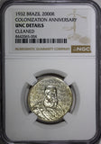 BRAZIL Silver 1932 2000 Reis NGC UNC DET.400th Annivers.of Colonization KM532(4)