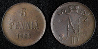 Finland Nicholas II Copper 1905 5 Penniä Mintage-620,000 BETTER DATE KM# 15  (2)