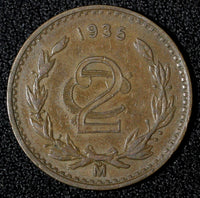 MEXICO  Bronze 1935 Mo 2 Centavos 	SCARCE DATE  KM# 419 (27 889)