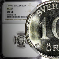 Sweden Gustaf V Silver 1940 G 10 Ore NGC MS64 GEM BU KM# 780 (018)