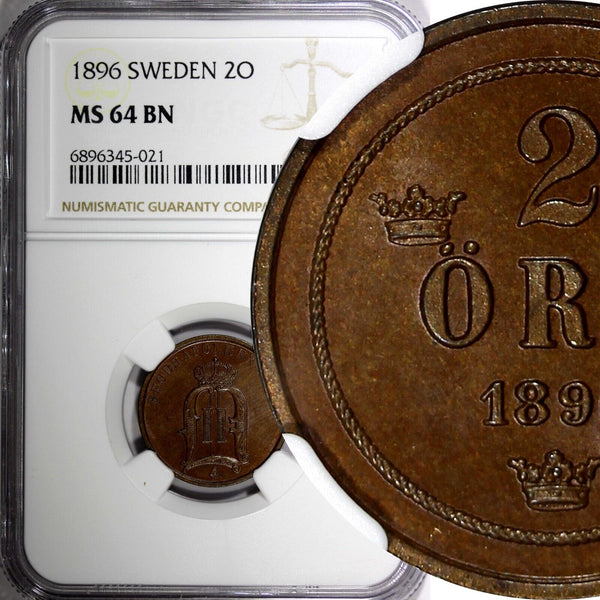 SWEDEN Oscar II Bronze 1896 2 Öre Large letters NGC MS64 BN KM# 746 (021)