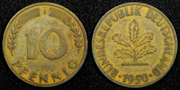 Germany - Federal Republic 1950 J 10 Pfennig Hamburg Mint KM# 108 (24 259)