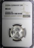 Germany-Third Reich Silver 1939 A 2 Reichs Mark NGC MS63 Hindenburg KM# 93 (028)