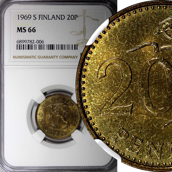 Finland Aluminum-Bronze 1969 S 20 Pennia Mintage-21.000 NGC MS66 TOP GRADE KM#47