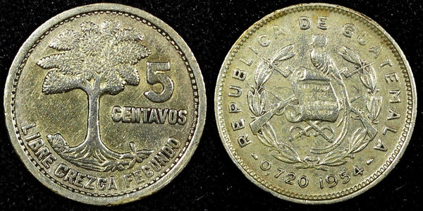 Guatemala Silver 1954 5 Centavos BETTER DATE Mintage-519 592 KM# 257.1  (24 434)
