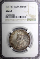 India-British Silver 1911 (B) Rupee "PIG" Elephant NGC MS63 SCARCE KM# 523 (05)