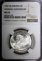 SWEDEN Silver 1907 EB 2 Kronor NGC MS63 Golden Wedding Anniversary KM# 776 (035)