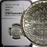 Morocco Mohammed V Silver AH1372 1953 100 Francs NGC MS63 Y# 52 (049)