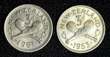 New Zealand Elizabeth II  LOT OF 2 COINS 1953,1961 3 Pence KM# 25.1;KM# 25.2