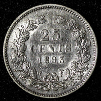 Netherlands Wilhelmina Silver 1893 25 Cents ch.VF SCARCE KM# 115 (28 347)