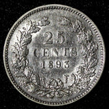 Netherlands Wilhelmina Silver 1893 25 Cents ch.VF SCARCE KM# 115 (28 347)