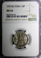 India-Republic Copper-Nickel 1957 (B) 10 Naye Paise NGC MS64 KM# 24.1  (025)