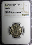 India-Republic Copper-Nickel 1957 (B) 10 Naye Paise NGC MS64 KM# 24.1  (025)