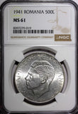 Romania Mihai I Silver 1941 500 Lei Bessarabia Reunion 37 mm NGC MS61 KM# 60 (9)
