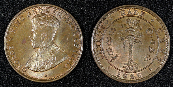 Ceylon George V Copper 1926 1/2 Cent UNC  KM# 106 (27 976)