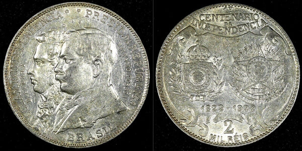 BRAZIL Silver 1922 2000 Reis Independence Centennial 1 YEAR TYPE KM# 523 (144)