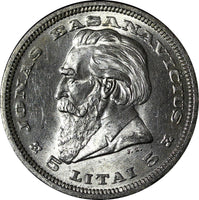 LITHUANIA Silver 1936 5 Litai Jonas Basanavicius 1 Year Type aUNC/UNC KM# 82 (6)