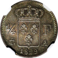 FRANCE Charles X Silver 1829 A  1/4 Franc NGC MS63 RAINBOW TONED KM# 722.1 (12)