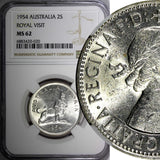 Australia Silver 1954 Florin NGC MS62 Royal Visit of Elizabeth II KM# 55 (020)