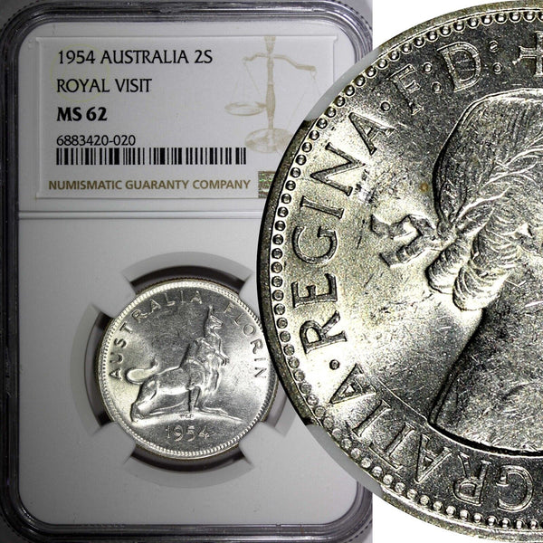 Australia Silver 1954 Florin NGC MS62 Royal Visit of Elizabeth II KM# 55 (020)