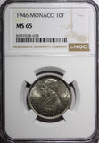Monaco Louis II 1946 10 Francs NGC MS65 Paris Mint 1 GRADED HIGHEST KM# 123 (33)