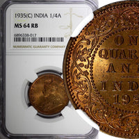 India-British George V Bronze 1935 (C) 1/4 Anna NGC MS64 RB KM# 512 (017)